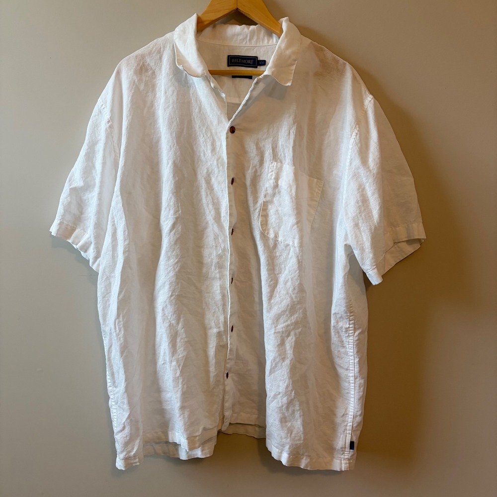 Biltmore Mens XXL White Linen Blend Short Sleeve Button Down Shirt Pocket Slub